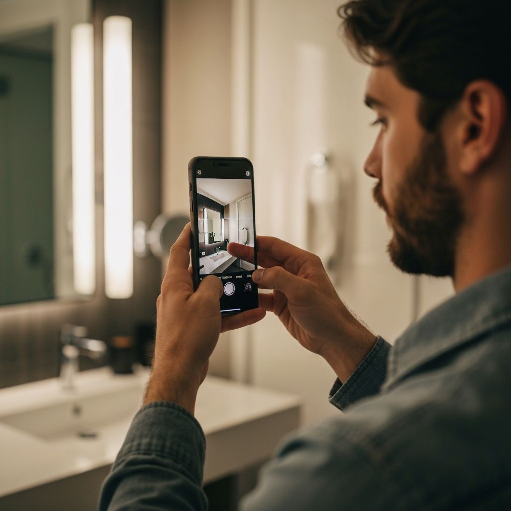 Person scanning hotel room with smartphone app