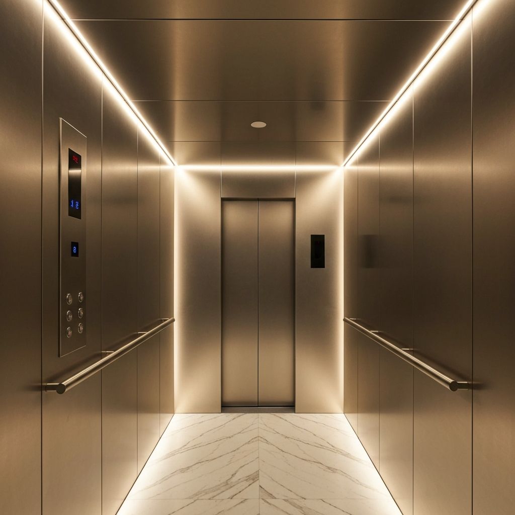 Contemporary elevator interior with decorative film