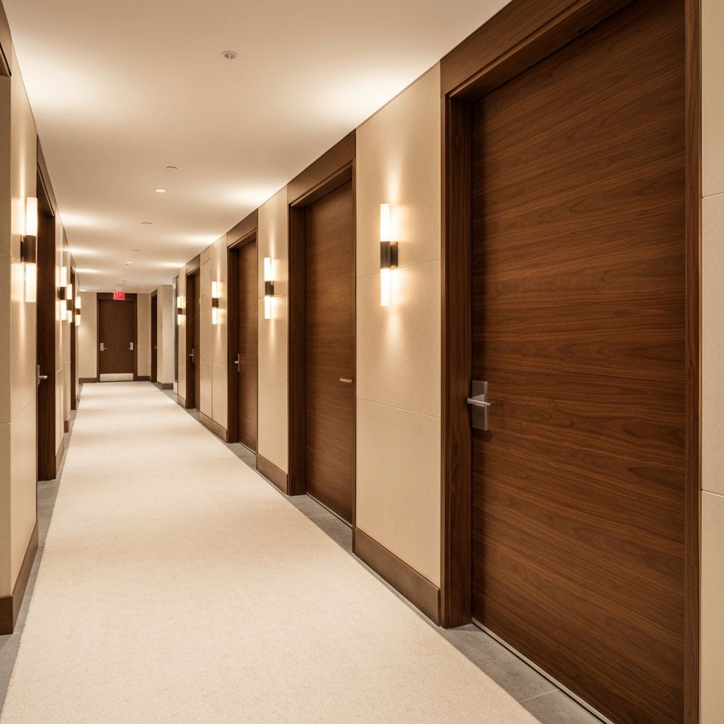 Refreshed hotel corridor with wood-grain film doors